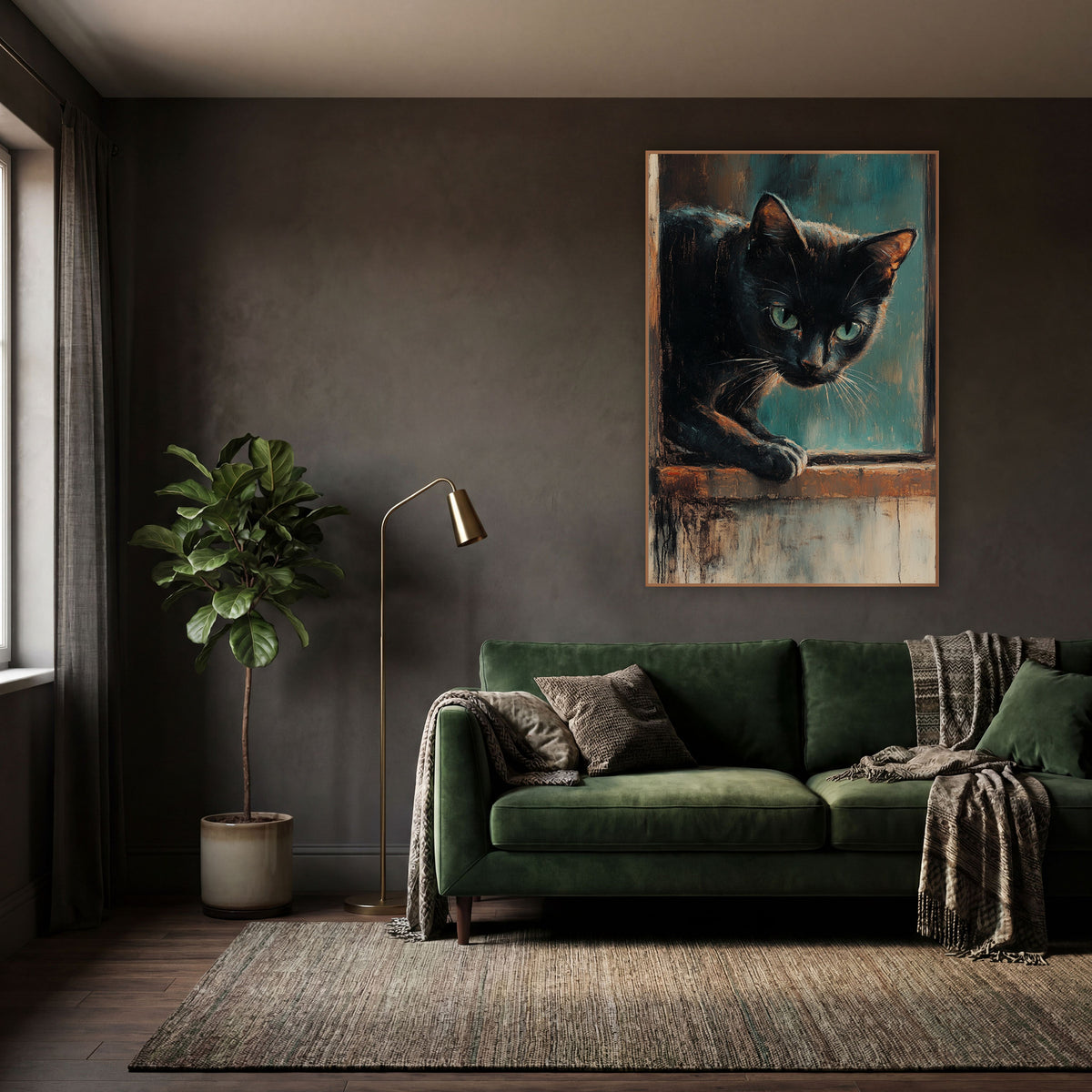 Crouching Teal Cat Moody Study wall art in a moody dark academia room – black cat with green eyes leaning