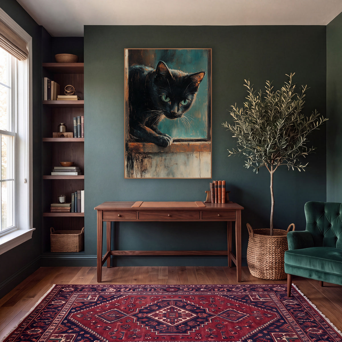 Crouching Teal Cat Moody Study wall art in a moody dark academia room – black cat with green eyes leaning