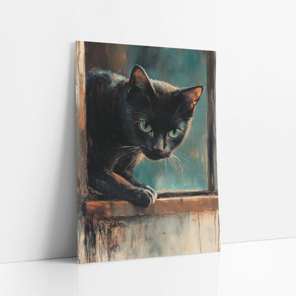 Crouching Teal Cat Moody Study art print leaning against a white wall – black cat with green eyes leaning on a rust-brown
