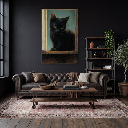 Sill Sitting Black Kitten Moody wall art in a moody dark academia room – black cat with green-yellow eyes sitting