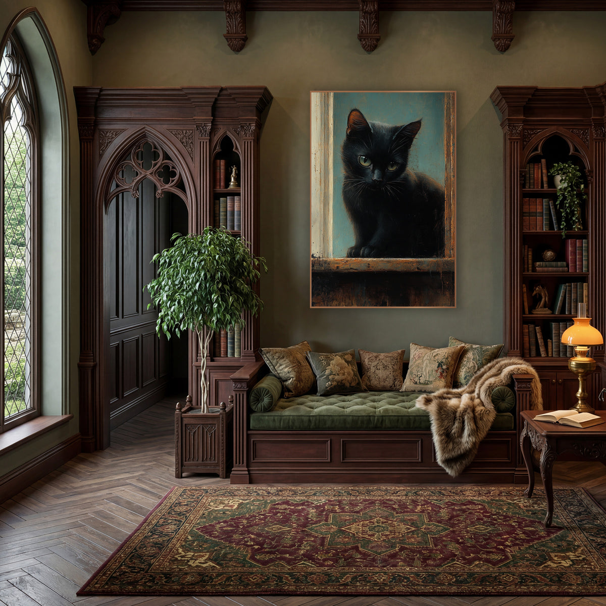 Sill Sitting Black Kitten Moody wall art in a moody dark academia room – black cat with green-yellow eyes sitting