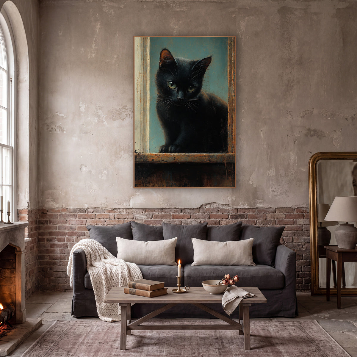 Sill Sitting Black Kitten Moody wall art in a moody dark academia room – black cat with green-yellow eyes sitting