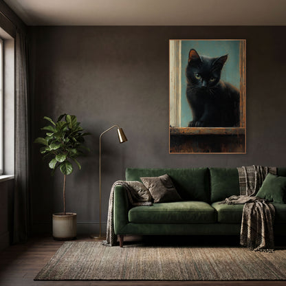 Sill Sitting Black Kitten Moody wall art in a moody dark academia room – black cat with green-yellow eyes sitting