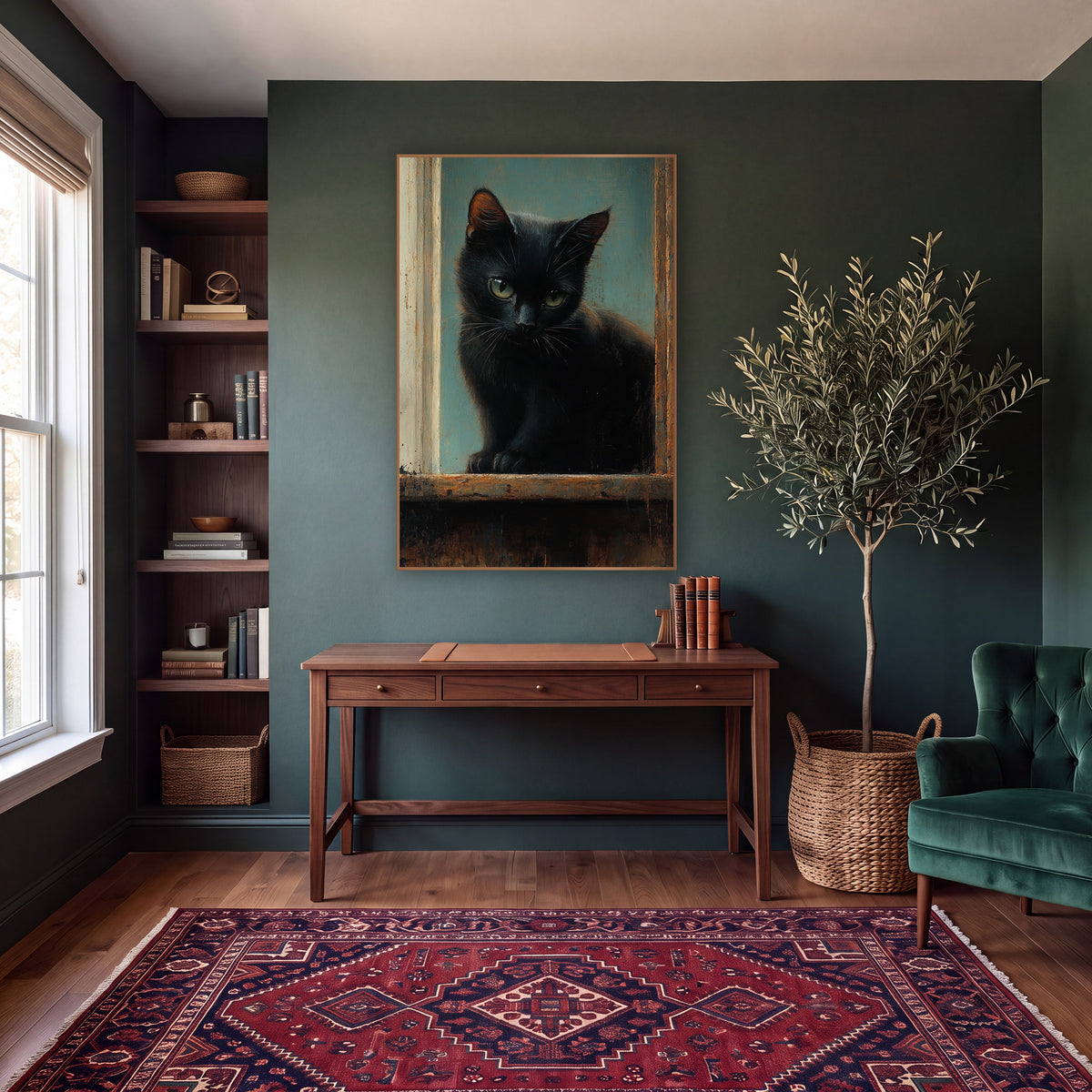 Sill Sitting Black Kitten Moody wall art in a moody dark academia room – black cat with green-yellow eyes sitting