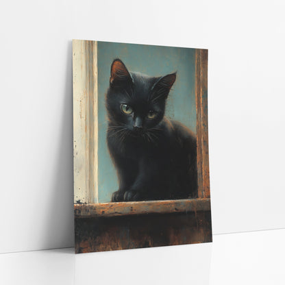 Sill Sitting Black Kitten Moody art print leaning against a white wall – black cat with green-yellow eyes sitting