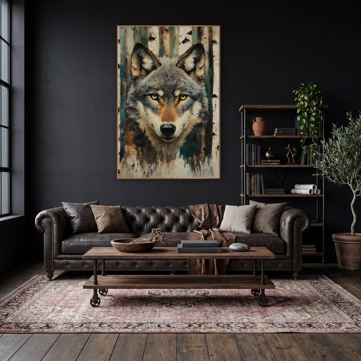 Grey Wolf Birch Forest Portrait wall art in a moody dark academia room – grey wolf face with amber eyes in front