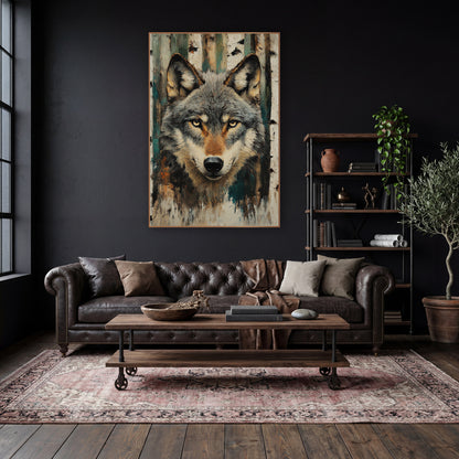 Grey Wolf Birch Forest Portrait wall art in a moody dark academia room – grey wolf face with amber eyes in front