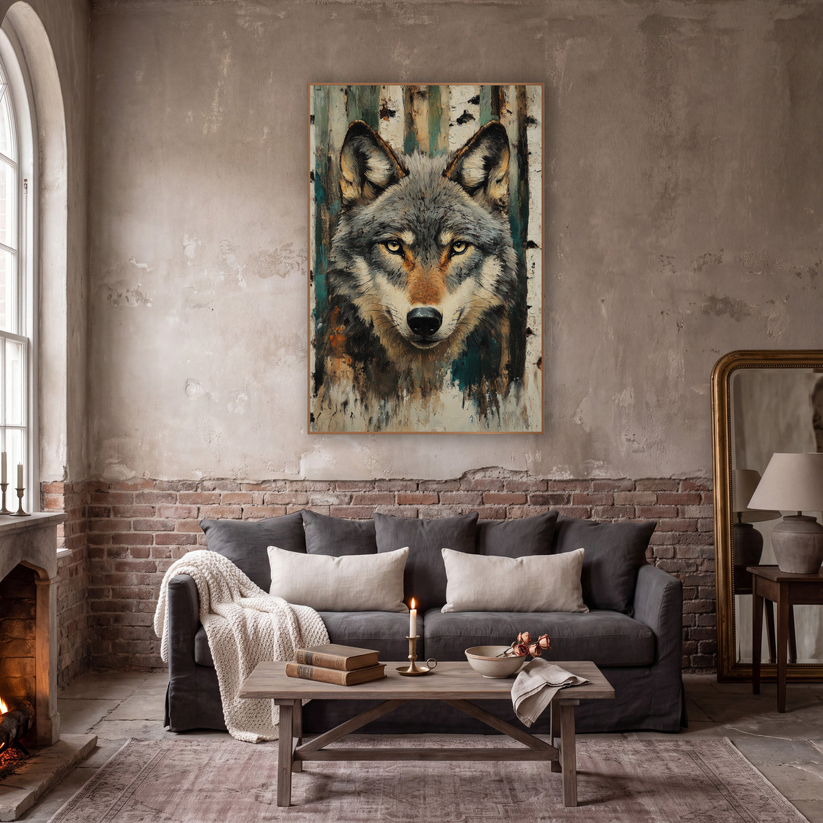 Grey Wolf Birch Forest Portrait wall art in a moody dark academia room – grey wolf face with amber eyes in front