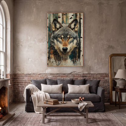 Grey Wolf Birch Forest Portrait wall art in a moody dark academia room – grey wolf face with amber eyes in front