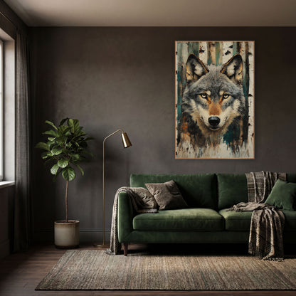Grey Wolf Birch Forest Portrait wall art in a moody dark academia room – grey wolf face with amber eyes in front