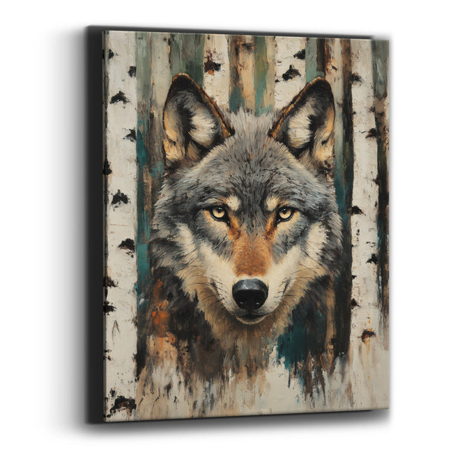 Grey Wolf Birch Forest Portrait Canvas Wall Art
