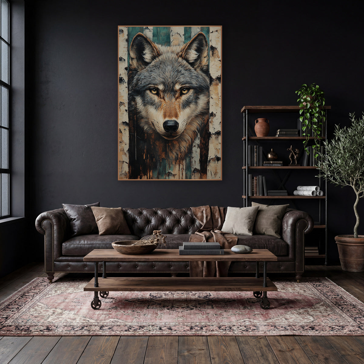 Peeling Birch Wolf Rustic wall art in a moody dark academia room – gray wolf face with amber eyes and pointed ears