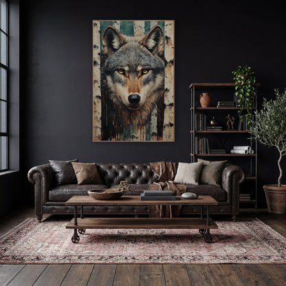 Peeling Birch Wolf Rustic wall art in a moody dark academia room – gray wolf face with amber eyes and pointed ears