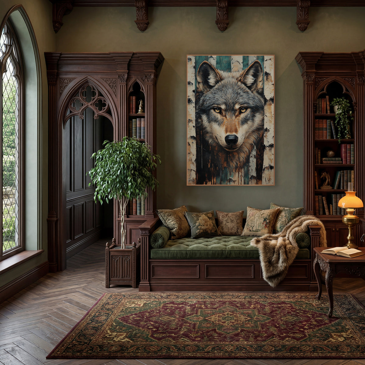 Peeling Birch Wolf Rustic wall art in a moody dark academia room – gray wolf face with amber eyes and pointed ears