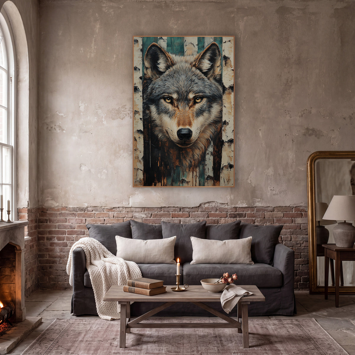 Peeling Birch Wolf Rustic wall art in a moody dark academia room – gray wolf face with amber eyes and pointed ears