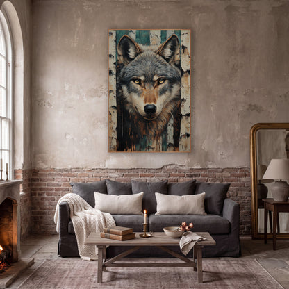 Peeling Birch Wolf Rustic wall art in a moody dark academia room – gray wolf face with amber eyes and pointed ears
