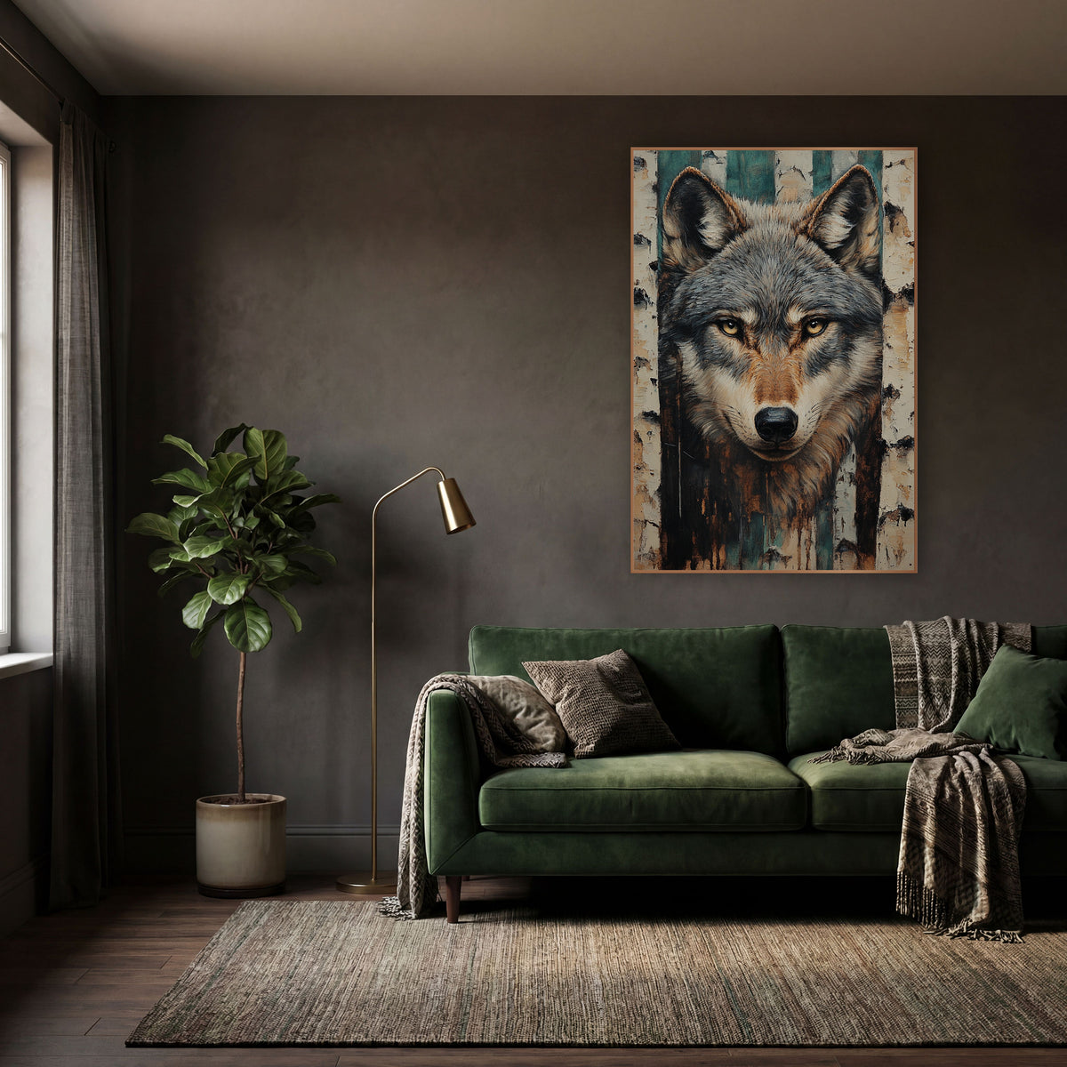 Peeling Birch Wolf Rustic wall art in a moody dark academia room – gray wolf face with amber eyes and pointed ears