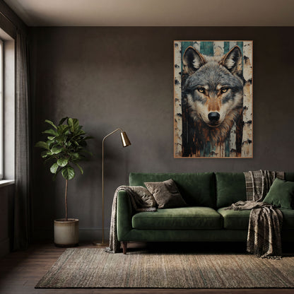 Peeling Birch Wolf Rustic wall art in a moody dark academia room – gray wolf face with amber eyes and pointed ears