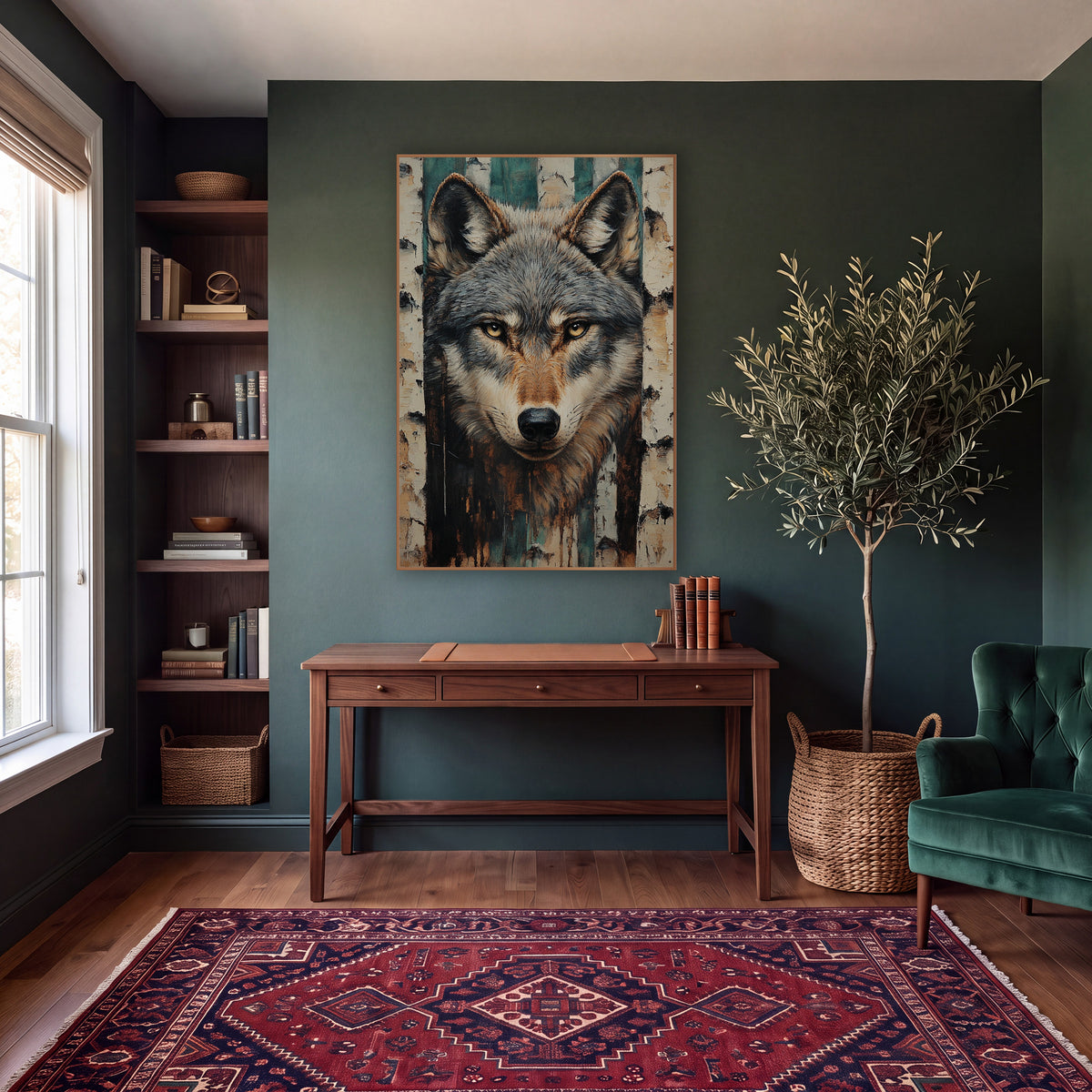 Peeling Birch Wolf Rustic wall art in a moody dark academia room – gray wolf face with amber eyes and pointed ears