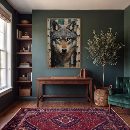 Peeling Birch Wolf Rustic wall art in a moody dark academia room – gray wolf face with amber eyes and pointed ears