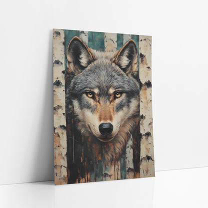 Peeling Birch Wolf Rustic art print leaning against a white wall – gray wolf face with amber eyes and pointed ears between