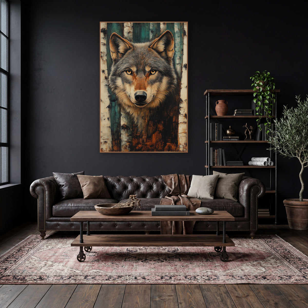 Teal Birch Gray Wolf Moody wall art in a moody dark academia room – gray wolf portrait with amber eyes between white