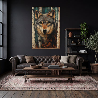 Teal Birch Gray Wolf Moody wall art in a moody dark academia room – gray wolf portrait with amber eyes between white