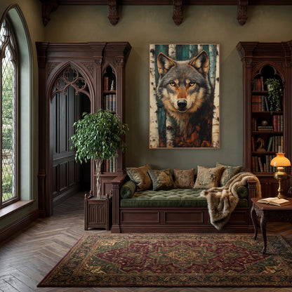 Teal Birch Gray Wolf Moody wall art in a moody dark academia room – gray wolf portrait with amber eyes between white