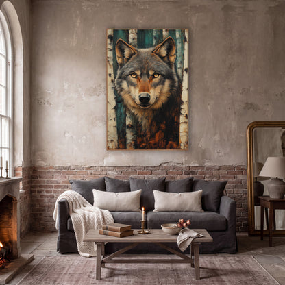 Teal Birch Gray Wolf Moody wall art in a moody dark academia room – gray wolf portrait with amber eyes between white