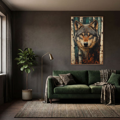 Teal Birch Gray Wolf Moody wall art in a moody dark academia room – gray wolf portrait with amber eyes between white