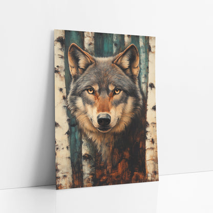 Teal Birch Gray Wolf Moody art print leaning against a white wall – gray wolf portrait with amber eyes between white birch