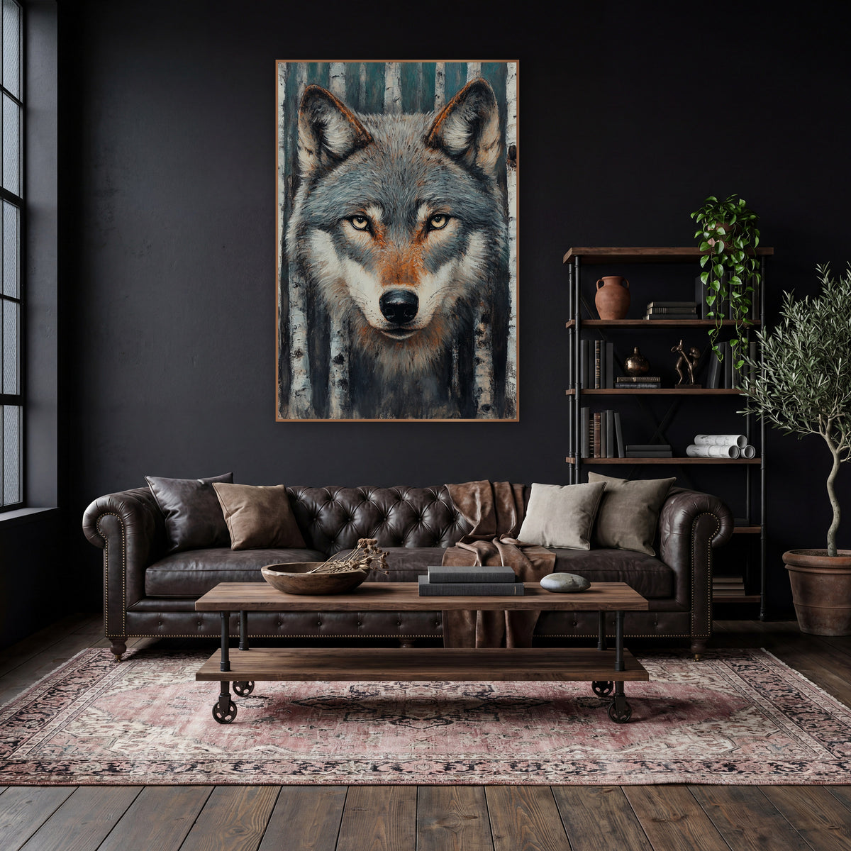 Silver Wolf Winter Birches Modern wall art in a moody dark academia room – front view of a gray wolf with pale yellow
