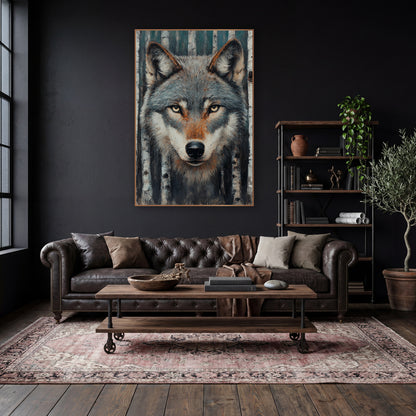 Silver Wolf Winter Birches Modern wall art in a moody dark academia room – front view of a gray wolf with pale yellow