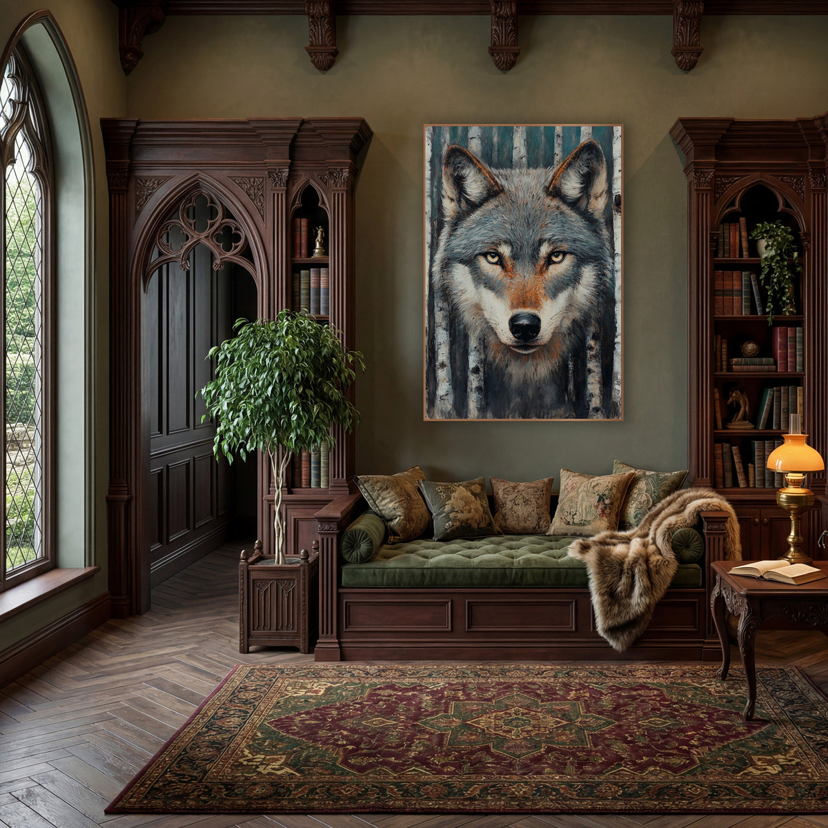 Silver Wolf Winter Birches Modern wall art in a moody dark academia room – front view of a gray wolf with pale yellow