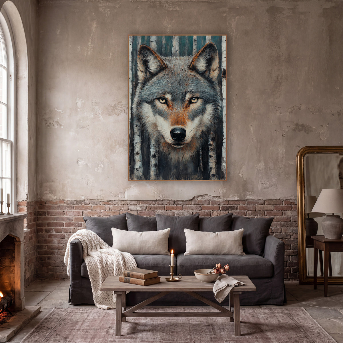 Silver Wolf Winter Birches Modern wall art in a moody dark academia room – front view of a gray wolf with pale yellow