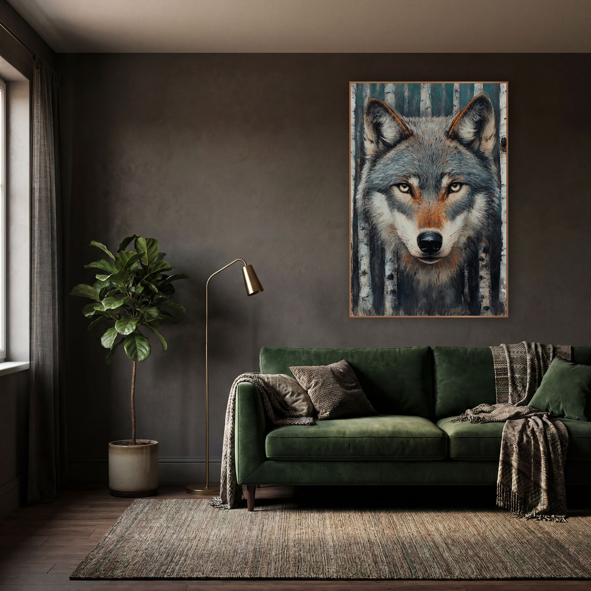 Silver Wolf Winter Birches Modern wall art in a moody dark academia room – front view of a gray wolf with pale yellow