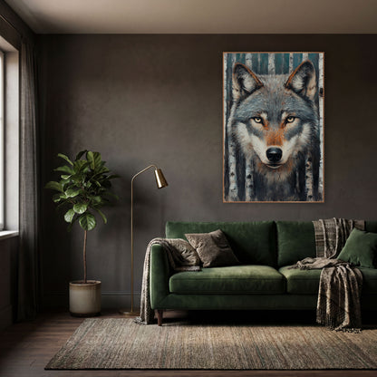 Silver Wolf Winter Birches Modern wall art in a moody dark academia room – front view of a gray wolf with pale yellow