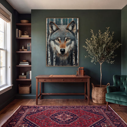 Silver Wolf Winter Birches Modern wall art in a moody dark academia room – front view of a gray wolf with pale yellow