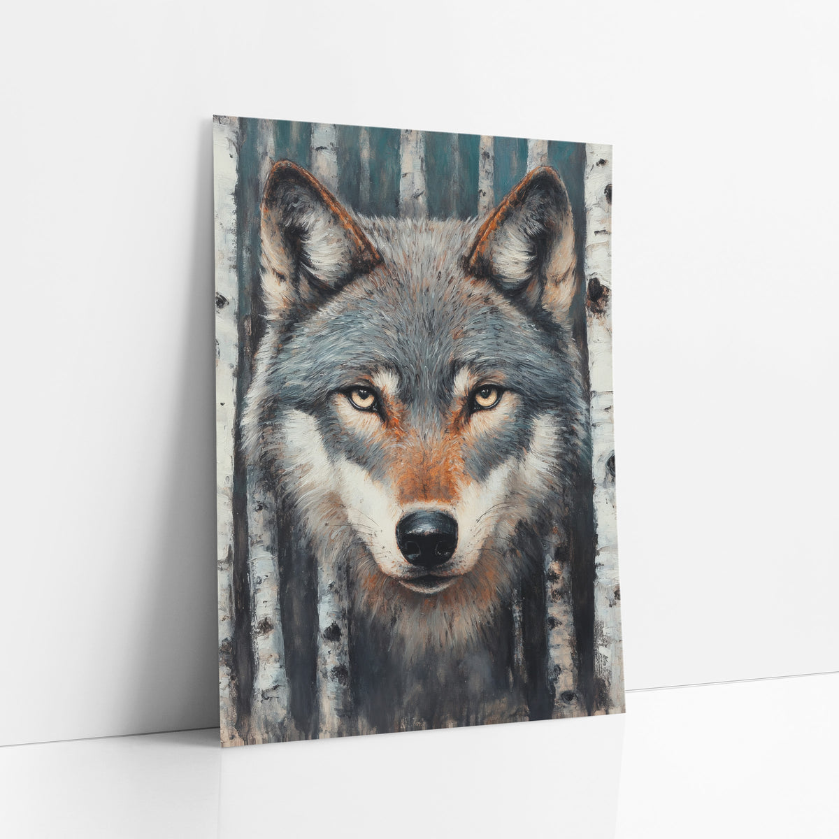 Silver Wolf Winter Birches Modern art print leaning against a white wall – front view of a gray wolf with pale yellow eyes