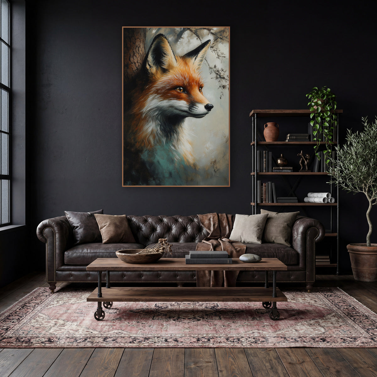 Side Profile Fox Beside Bark Rustic wall art in a moody dark academia room – red fox head in profile with amber eyes