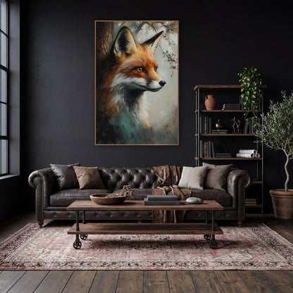 Side Profile Fox Beside Bark Rustic wall art in a moody dark academia room – red fox head in profile with amber eyes