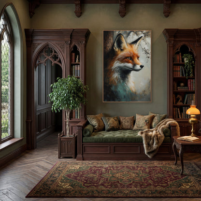 Side Profile Fox Beside Bark Rustic wall art in a moody dark academia room – red fox head in profile with amber eyes
