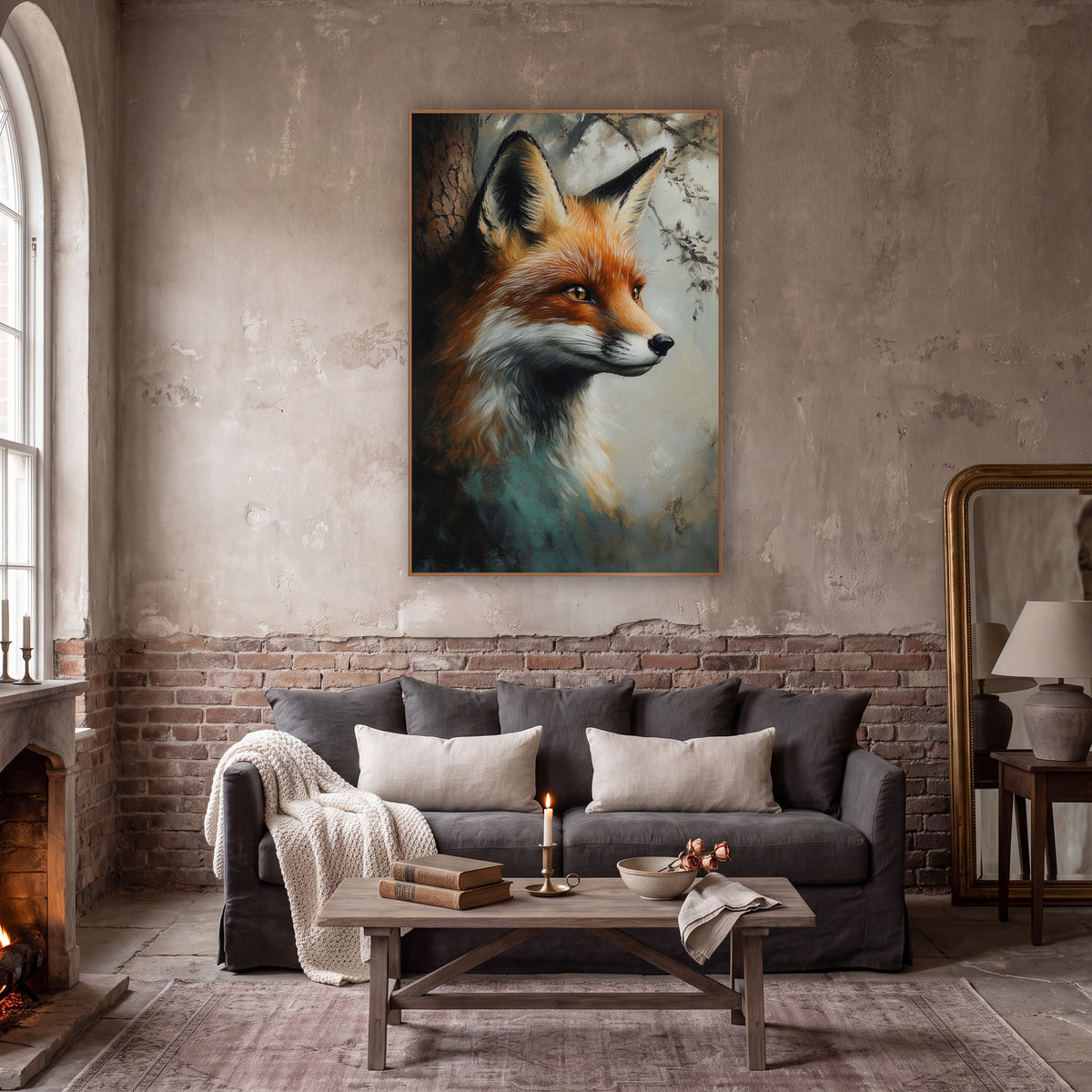 Side Profile Fox Beside Bark Rustic wall art in a moody dark academia room – red fox head in profile with amber eyes