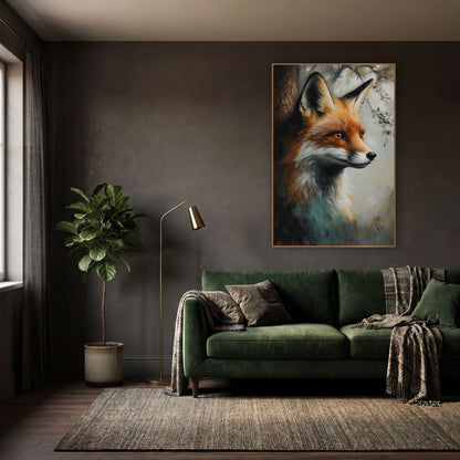Side Profile Fox Beside Bark Rustic wall art in a moody dark academia room – red fox head in profile with amber eyes