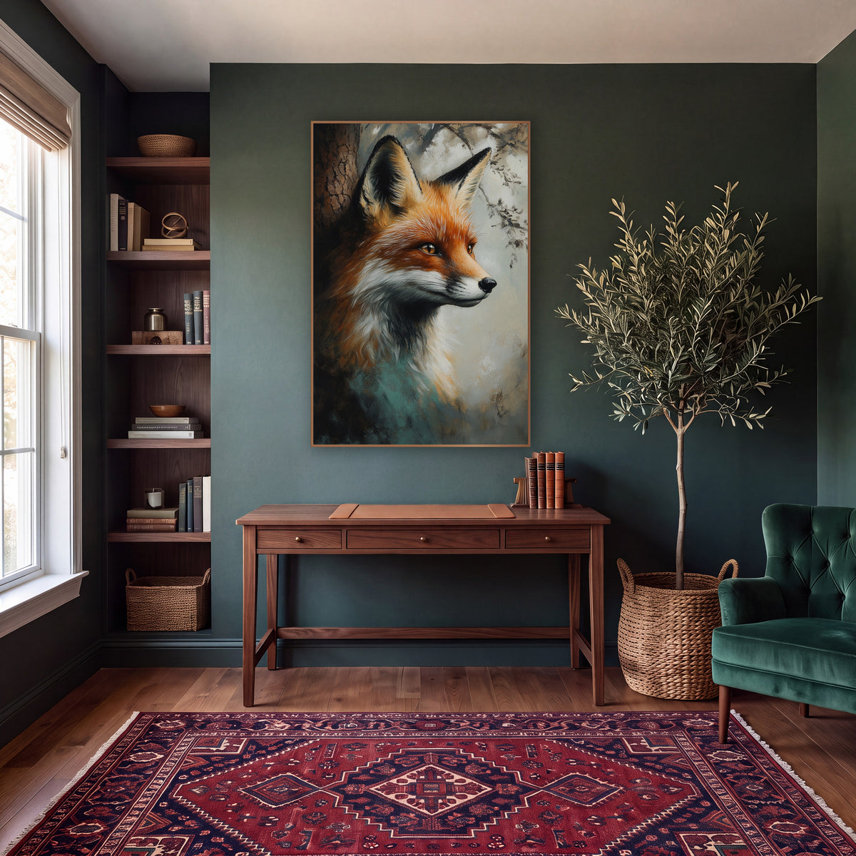 Side Profile Fox Beside Bark Rustic wall art in a moody dark academia room – red fox head in profile with amber eyes