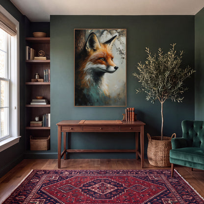 Side Profile Fox Beside Bark Rustic wall art in a moody dark academia room – red fox head in profile with amber eyes