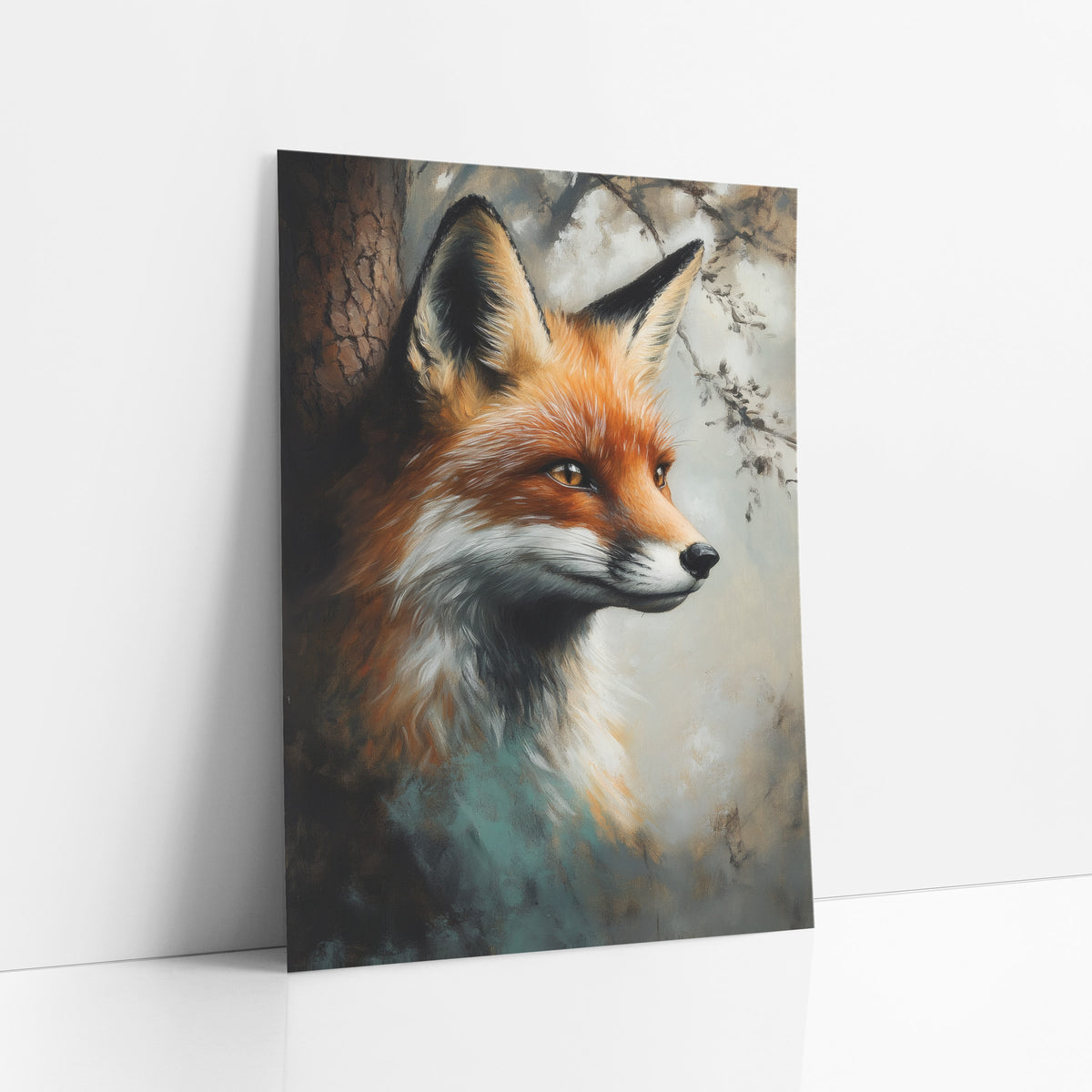 Side Profile Fox Beside Bark Rustic art print leaning against a white wall – red fox head in profile with amber eyes