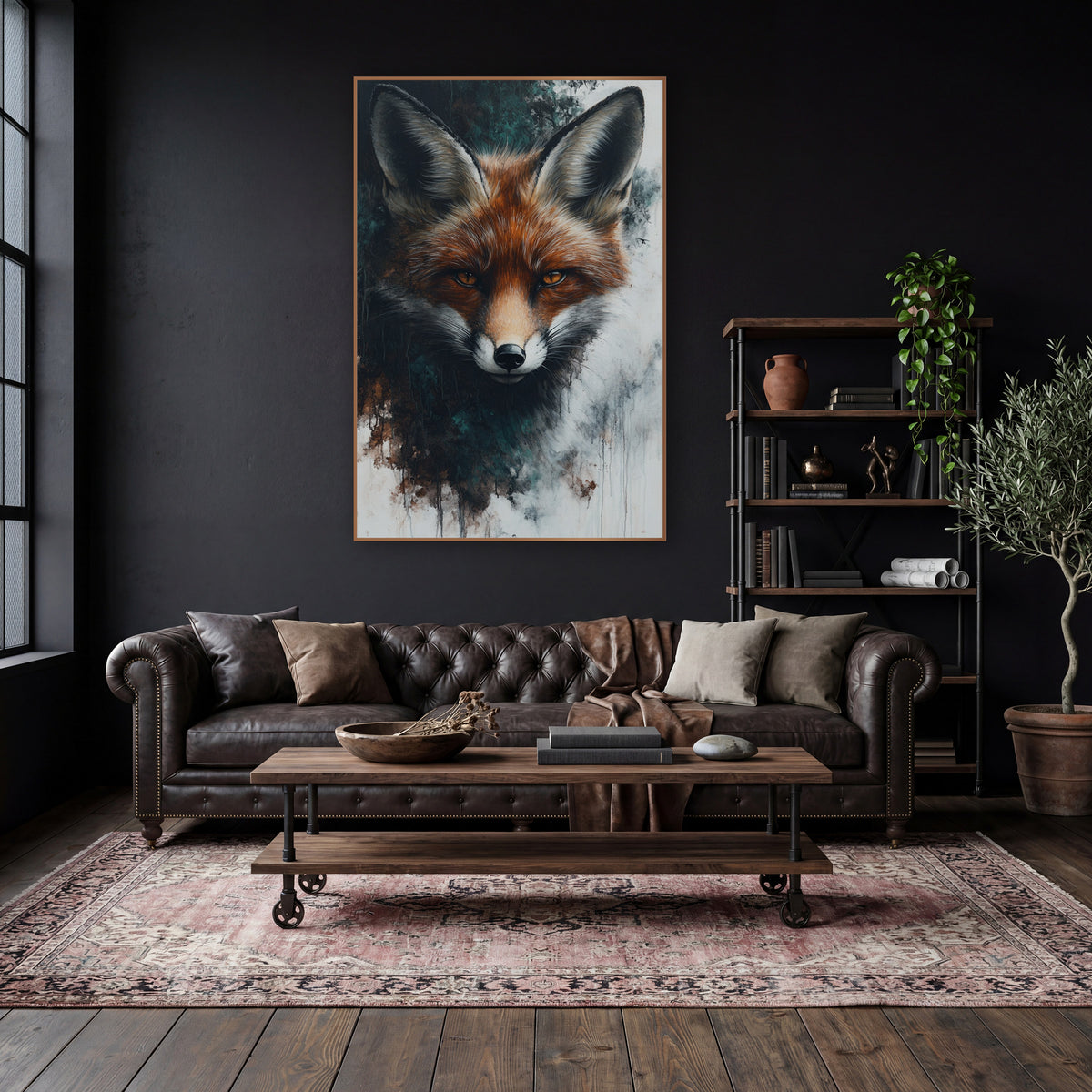 Russet Fox Portrait Moody Naturalist wall art in a moody dark academia room – front-facing red fox with amber eyes