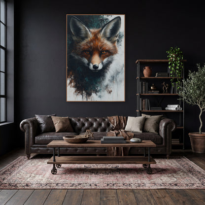 Russet Fox Portrait Moody Naturalist wall art in a moody dark academia room – front-facing red fox with amber eyes