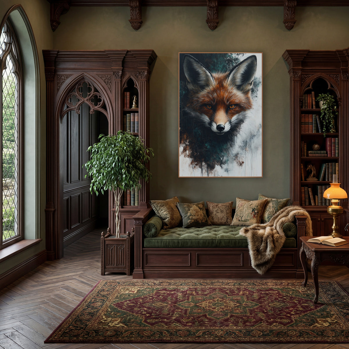 Russet Fox Portrait Moody Naturalist wall art in a moody dark academia room – front-facing red fox with amber eyes